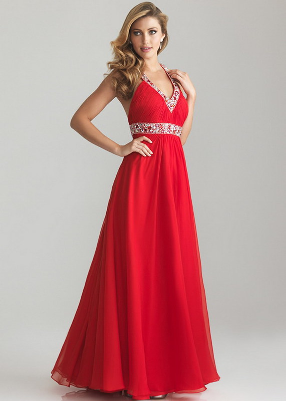  Woman with red pleated long beaded waist halter T-Strap dress