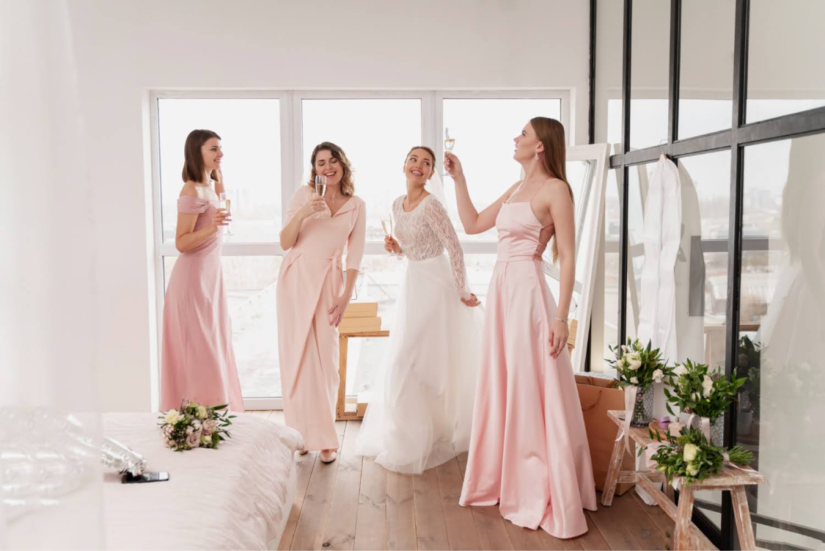 Bride and three bridesmaids in blush pink dresses celebrating with a toast near a large window.