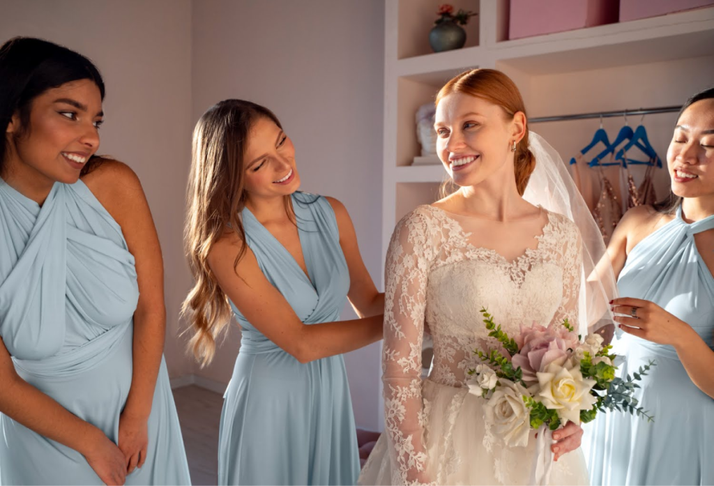 Bride in a lace dress with three bridesmaids in light blue dresses helping her get ready.