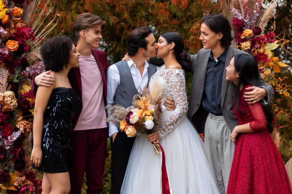 Bride and groom surrounded by their wedding party outdoors, celebrating with flowers.