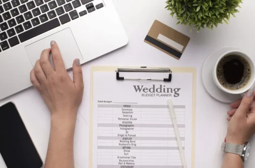 Wedding budget planner near a cup of coffee