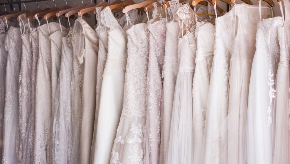 A row of wedding dresses